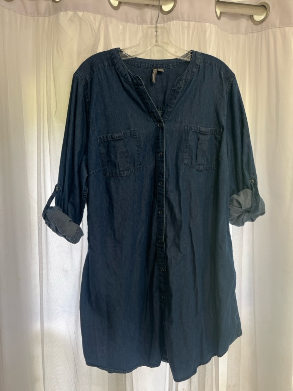 new directions Dark Blue Denim Tunic Shirt size 1xlarge roll sleeves 100%cotton